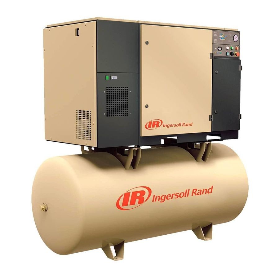 Ingersoll Rand air compressor with a beige and black housing mounted on a large cylindrical tank.