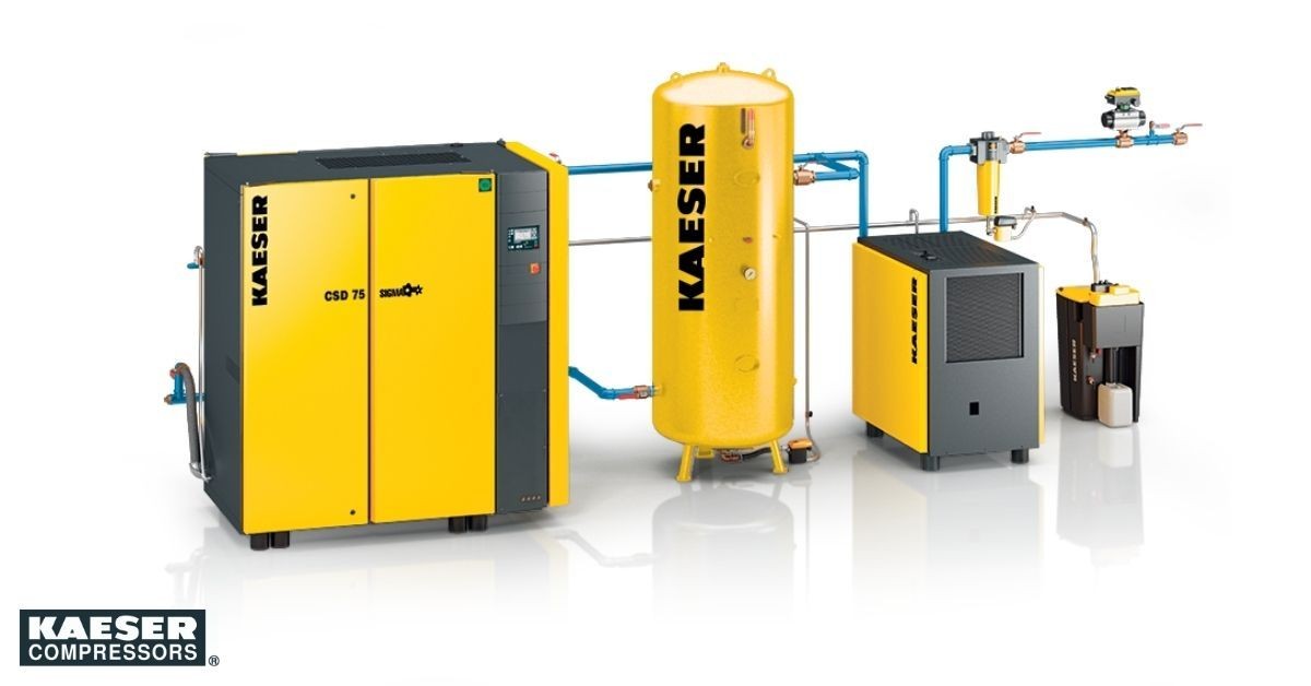 KAESER compressor system with connected air tank and additional components, featuring yellow and gray housing.