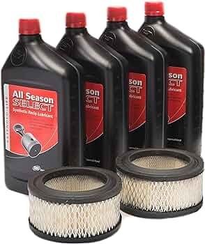 Four bottles of All Season Select synthetic rotary lubricant and two air filters arranged in front.